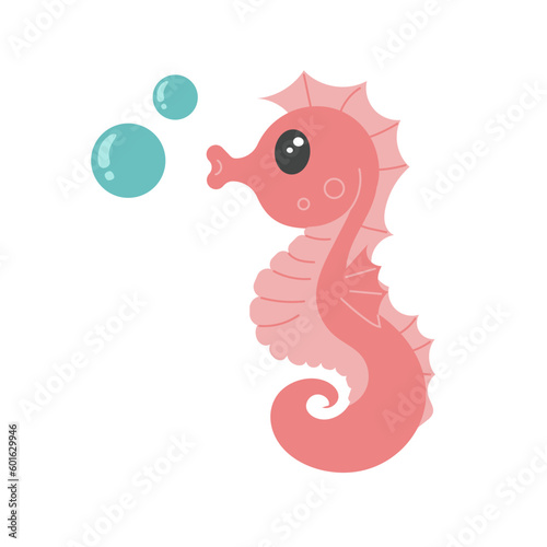 Cute cartoon seahorse with bubbles. Vector illustration on white background.