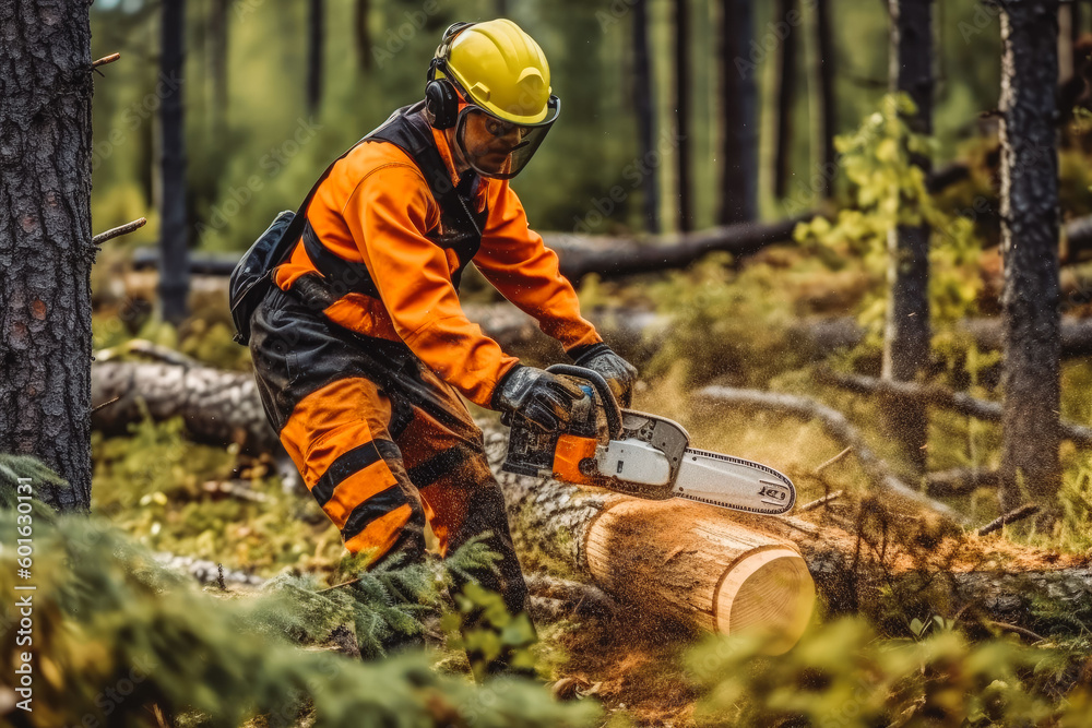 Man uses a chainsaw to cut the tree. Man cutting logs of wood in forest wearing protective glasses and helmet. Generative AI Man uses a chainsaw to cut the tree. Man cutting logs of wood in forest wearing protective glasses and helmet. Generative AI