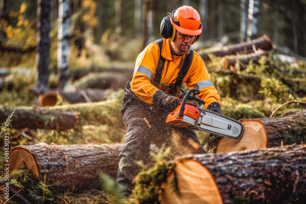 Man uses a chainsaw to cut the tree. Man cutting logs of wood in forest wearing protective glasses and helmet. Generative AI