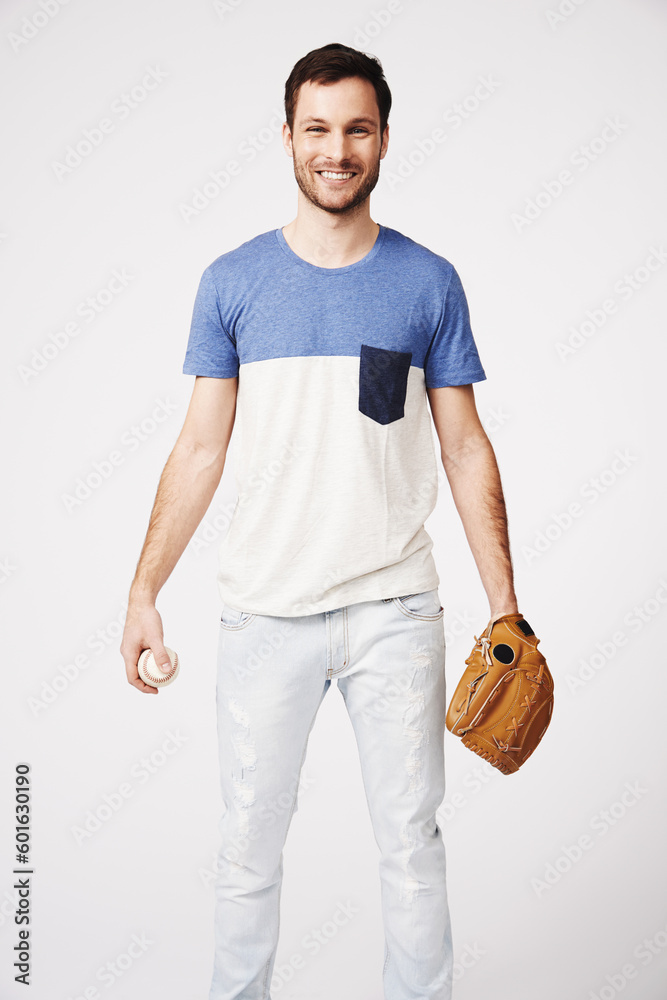 Φωτογραφία Man, portrait and holding baseball with glove in studio for safety, pitch or catch in sport game by white background