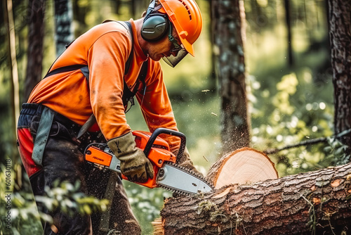 Man uses a chainsaw to cut the tree. Man cutting logs of wood in forest wearing protective glasses and helmet. Generative AI