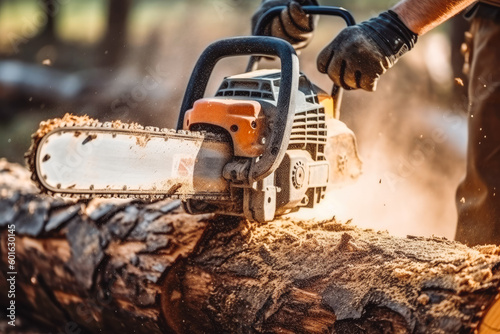 Close up of man using a chainsaw to cut the tree. Man cutting logs of wood in forest wearing protective glasses and helmet. Generative AI