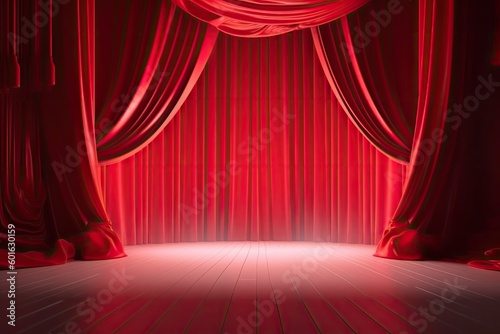 Red Theater or opera curtains. Round spotlight on the stage with wooden floor. Generative AI
