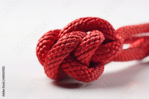 Close-up knot of red synthetic rope on white background. Generative AI