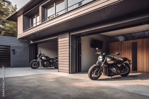 Modern garage doors with carport motorcycle parked in the driveway. Motorcycle in front of house. Generative AI