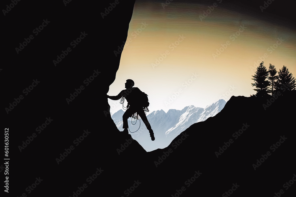 Alpinist climbing silhouette. Rock climbing pulling up, doing next step reaching top. Side view. Panoramic mountain view and sunset. Generative AI