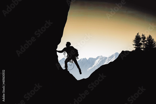 Alpinist climbing silhouette. Rock climbing pulling up, doing next step reaching top. Side view. Panoramic mountain view and sunset. Generative AI
