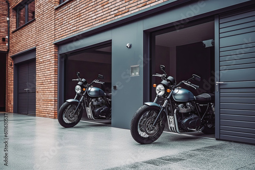 Modern garage doors with carport motorcycle parked in the driveway. Motorcycle in front of house. Generative AI