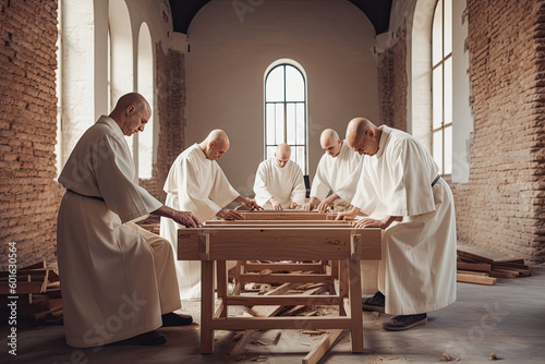 Seven Cathusian monks in white robes with hoods. Medieval monks. Generative AI.