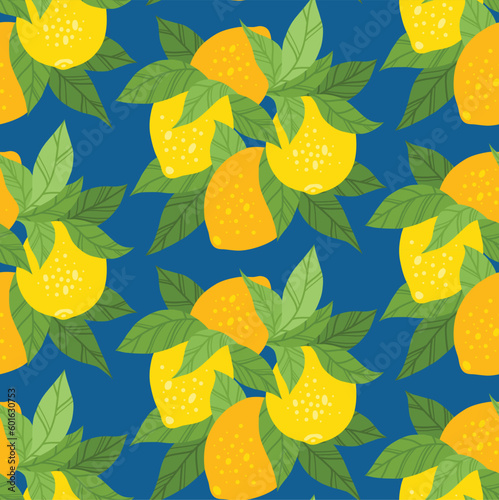Vector seamless pattern with bunch of lemons with foliage on blue background. Texture with hand drawn flat citrus fruits with leaves.