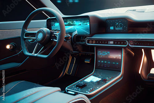 Futuristic EV car interior with dash board and control panels (Generative AI)