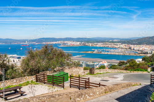 View of the Bay of Gibraltar and Spanish town La Linea de Conception from the Upper Rock. UK