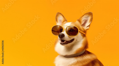 Funny welsh corgi dog in cook sunglasses ready for vacation in hot sunny country  yellow background  copy space. Generative AI.