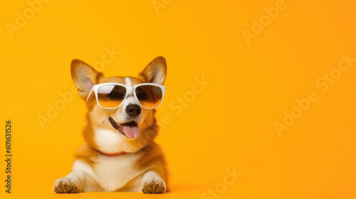 Funny welsh corgi dog in cook sunglasses ready for vacation in hot sunny country, yellow background, copy space. Generative AI. © Pro Hi-Res
