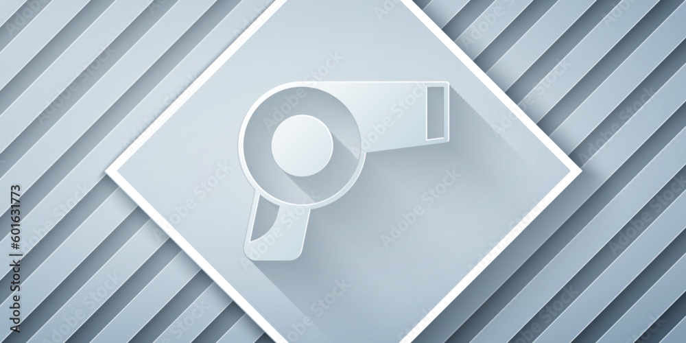 Paper cut Hair dryer icon isolated on grey background. Hairdryer sign. Hair drying symbol. Blowing hot air. Paper art style. Vector Paper cut Hair dryer icon isolated on grey background. Hairdryer sign. Hair drying symbol. Blowing hot air. Paper art style. Vector