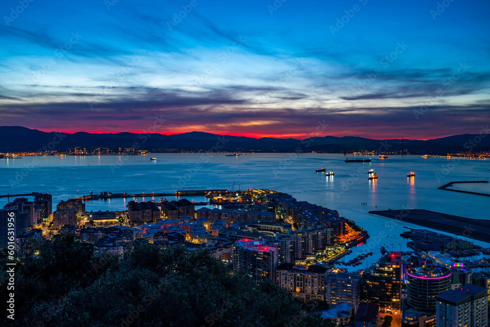 Sunset over Gibraltar town and the Bay of Gibraltar, UK