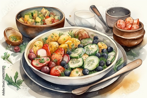 Watercolor illustration of side dishes featuring vegetables. Generative AI