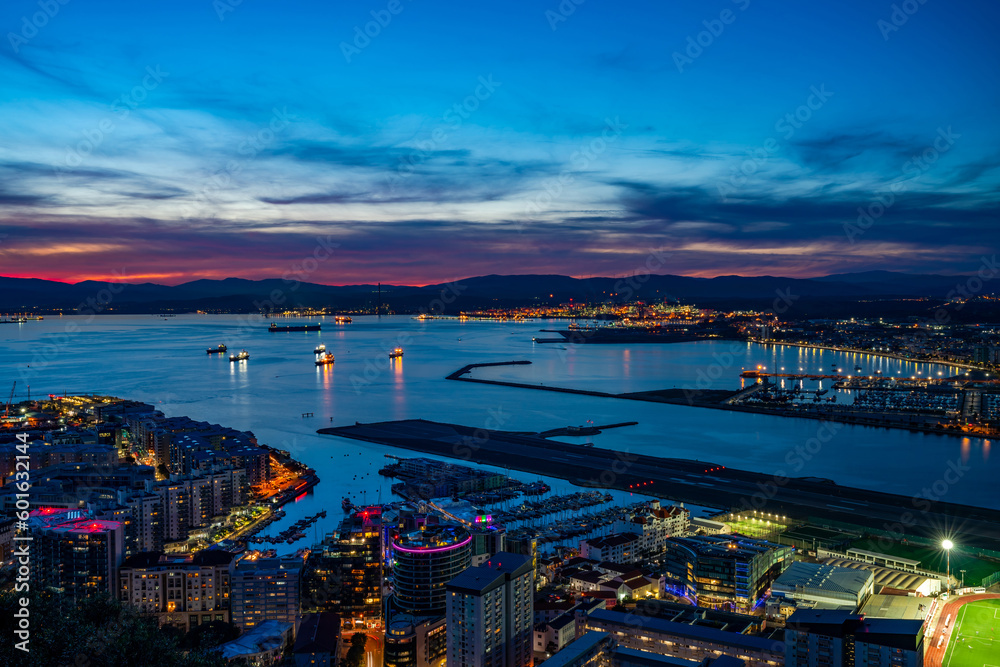 Sunset over Gibraltar town and the Bay of Gibraltar, UK