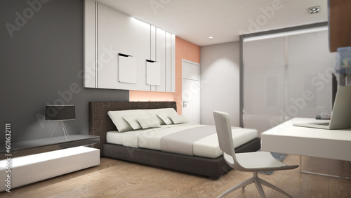 wooden floor and wardrobe in a contemporary bedroom.,3d rendering