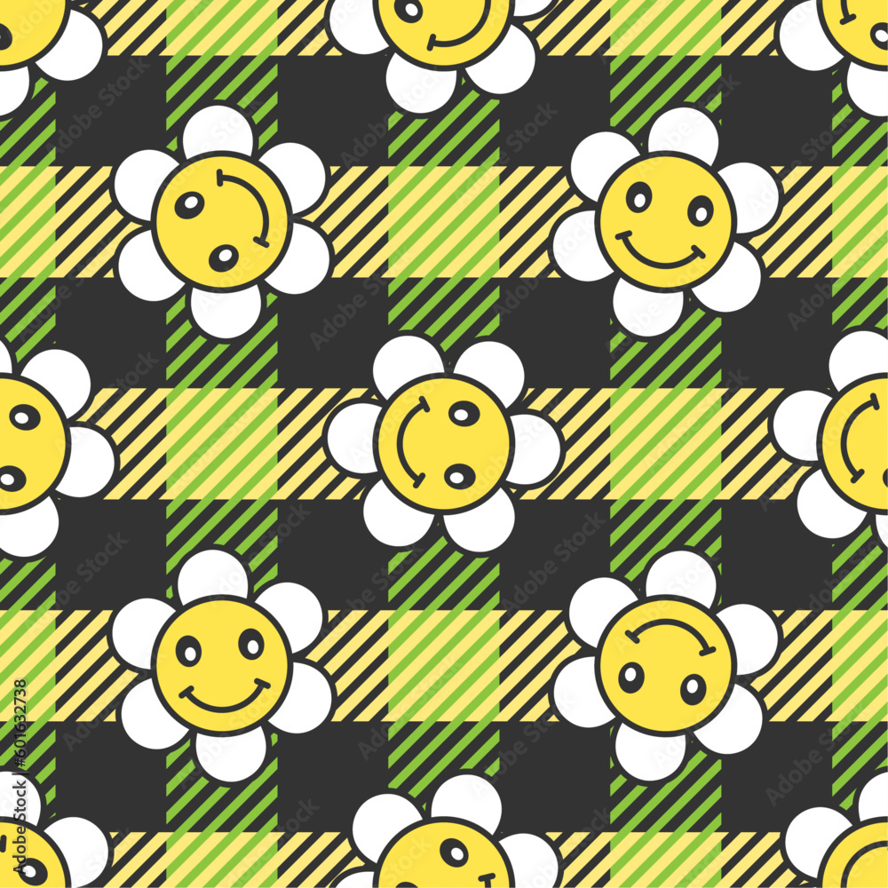 Smiling chamomiles vector seamless pattern. Best for textile, wallpapers, home decoration, wrapping paper, package and web design. Smiling chamomiles vector seamless pattern. Best for textile, wallpapers, home decoration, wrapping paper, package and web design.