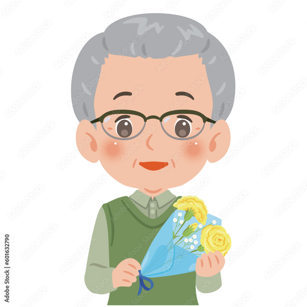 黄色いカーネーションの花束を持ったシニア男性 黄色いカーネーションの花束を持ったシニア男性