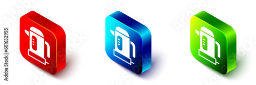 Isometric Electric kettle icon isolated on white background. Teapot icon. Red, blue and green square button. Vector