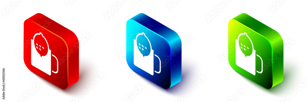 Isometric Cup of tea with lemon icon isolated on white background. Red, blue and green square button. Vector Isometric Cup of tea with lemon icon isolated on white background. Red, blue and green square button. Vector