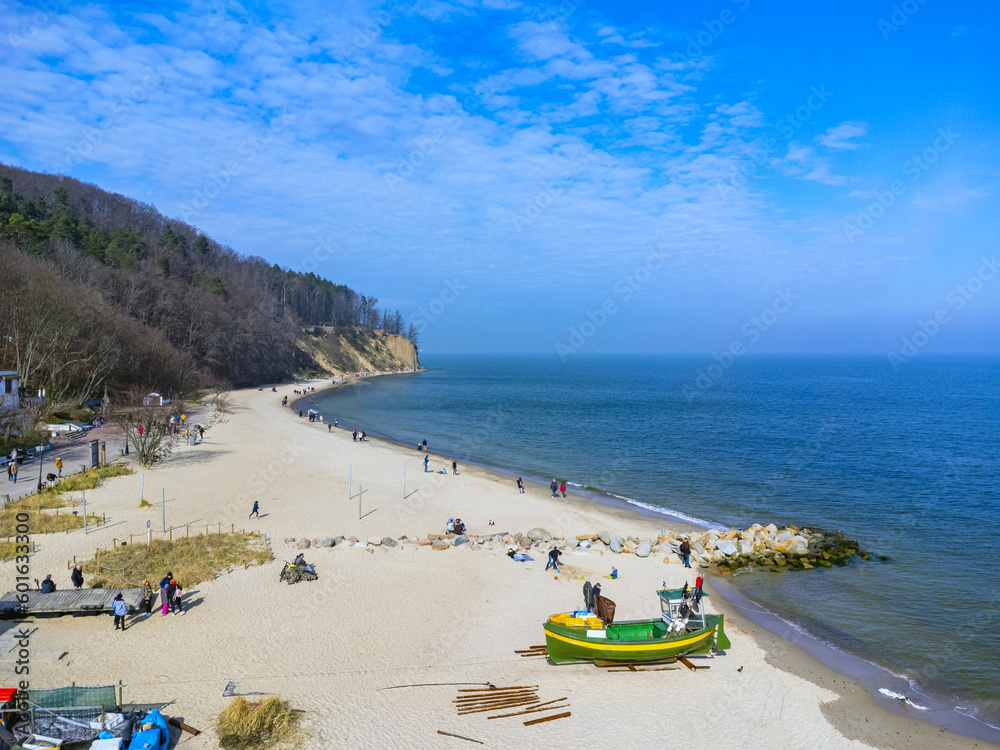 Aerial view landscape Poland Gdynia Orłowo. View of the Baltic sea, beach and cliff.