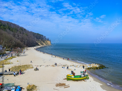 Obraz na płótnie Aerial view landscape Poland Gdynia Orłowo. View of the Baltic sea, beach and cliff. w salonie