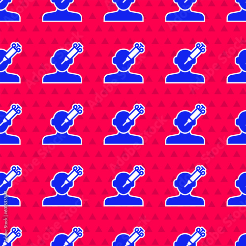 Blue Addiction to the drug icon isolated seamless pattern on red background. Heroin, narcotic, addiction, illegal. Sick junkie with a syringe and medical pills. Vector