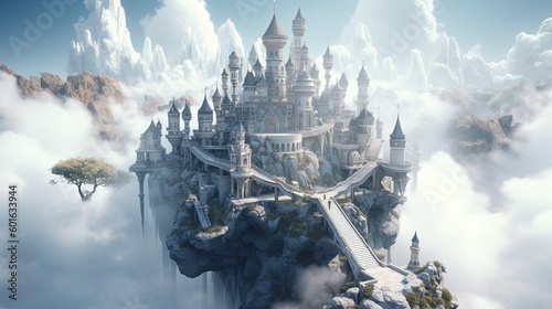 A great castle in the sky hovers on a mountain in the clouds (Generative AI, Generativ, KI)