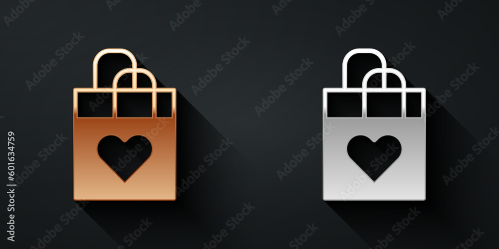 Gold and silver Shopping bag with heart icon isolated on black background. Shopping bag shop love like heart icon. Happy Valentines day. Long shadow style. Vector Gold and silver Shopping bag with heart icon isolated on black background. Shopping bag shop love like heart icon. Happy Valentines day. Long shadow style. Vector