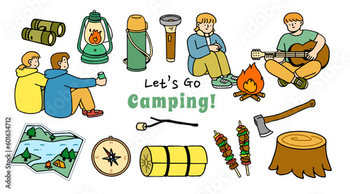 Set collection of camping items and characters. Camping. Adventure nature clipart. isolated element, hand-drawn style, vector illustration.