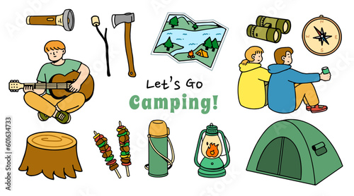 Set collection of camping items and characters. Camping. Adventure nature clipart. isolated element, hand-drawn style, vector illustration.