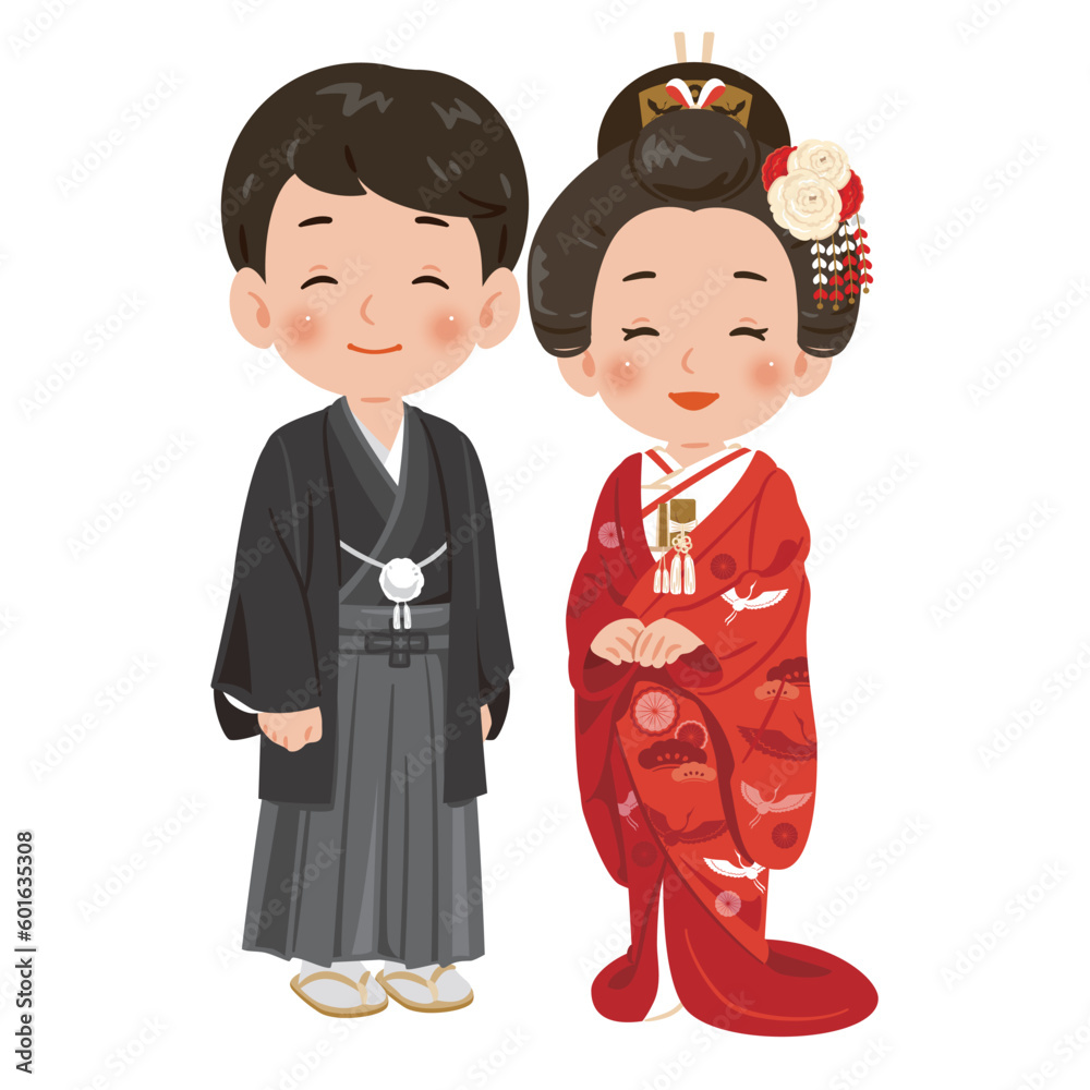 Naklejka premium 笑顔の男女 和髪 色打掛