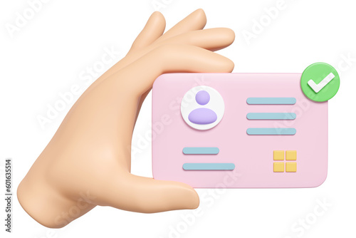 3d hand hold Id card icon with check mark isolated. human resources, plastic card, Job search concept, 3d render illustration