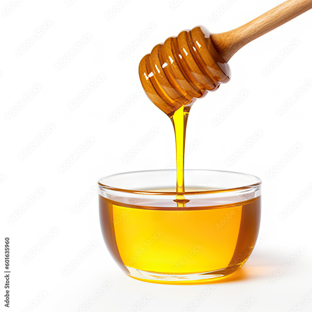Golden honey dripping from a spoon on a white background. created with Generative AI Golden honey dripping from a spoon on a white background. created with Generative AI