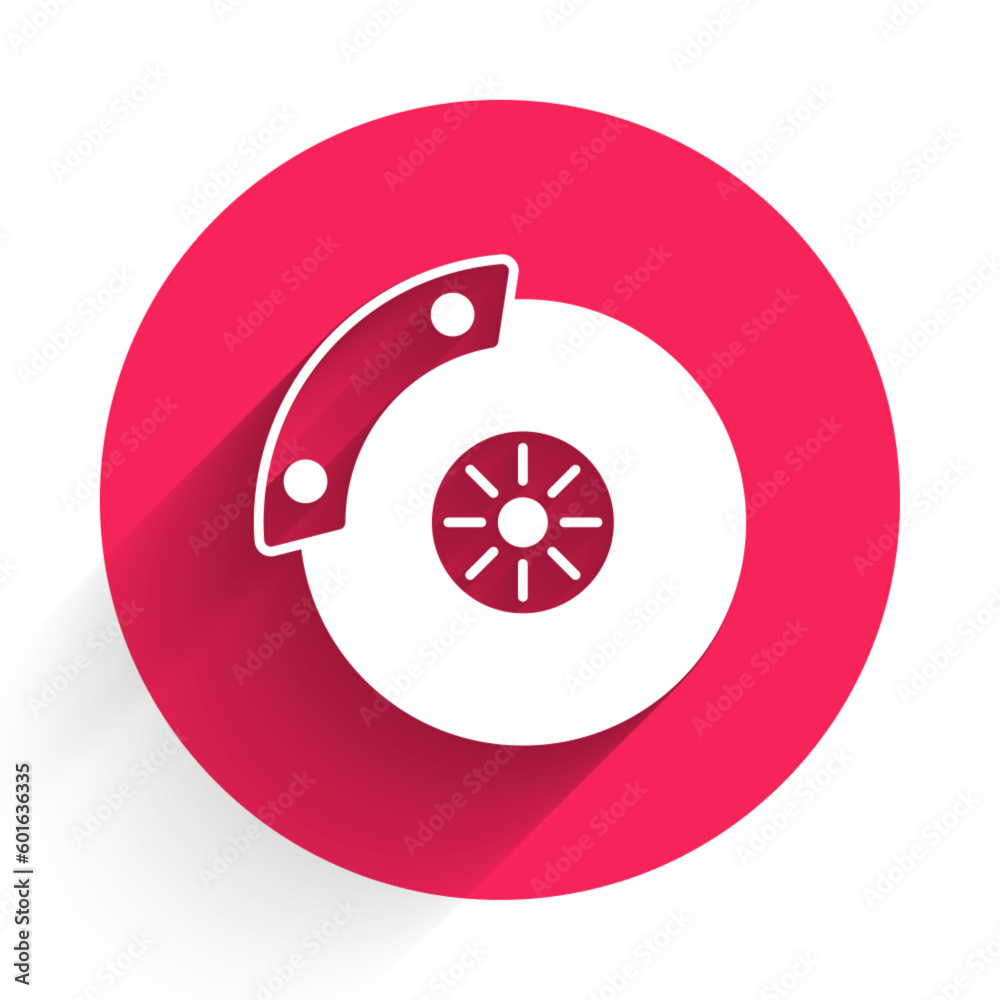 White Car brake disk with caliper icon isolated with long shadow background. Red circle button. Vector White Car brake disk with caliper icon isolated with long shadow background. Red circle button. Vector