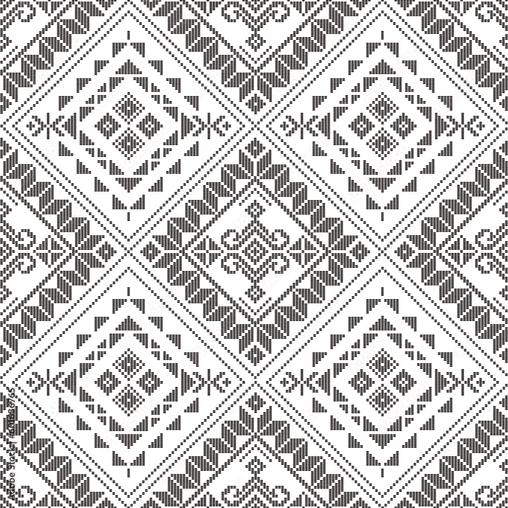 Yakan weaving inspired vector seamless pattern - Filipino folk art background perfect for textile or fabric print design in black and white