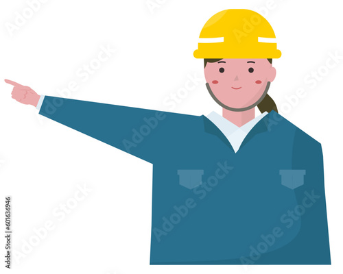 安全確認をするヘルメットを被った作業員の女性。ベクターイラスト