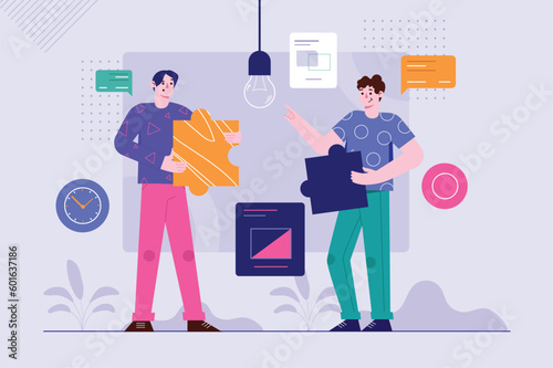 Teamwork purple background concept with people scene in the flat cartoon style. Two businessmen working together to create something new. Vector illustration.