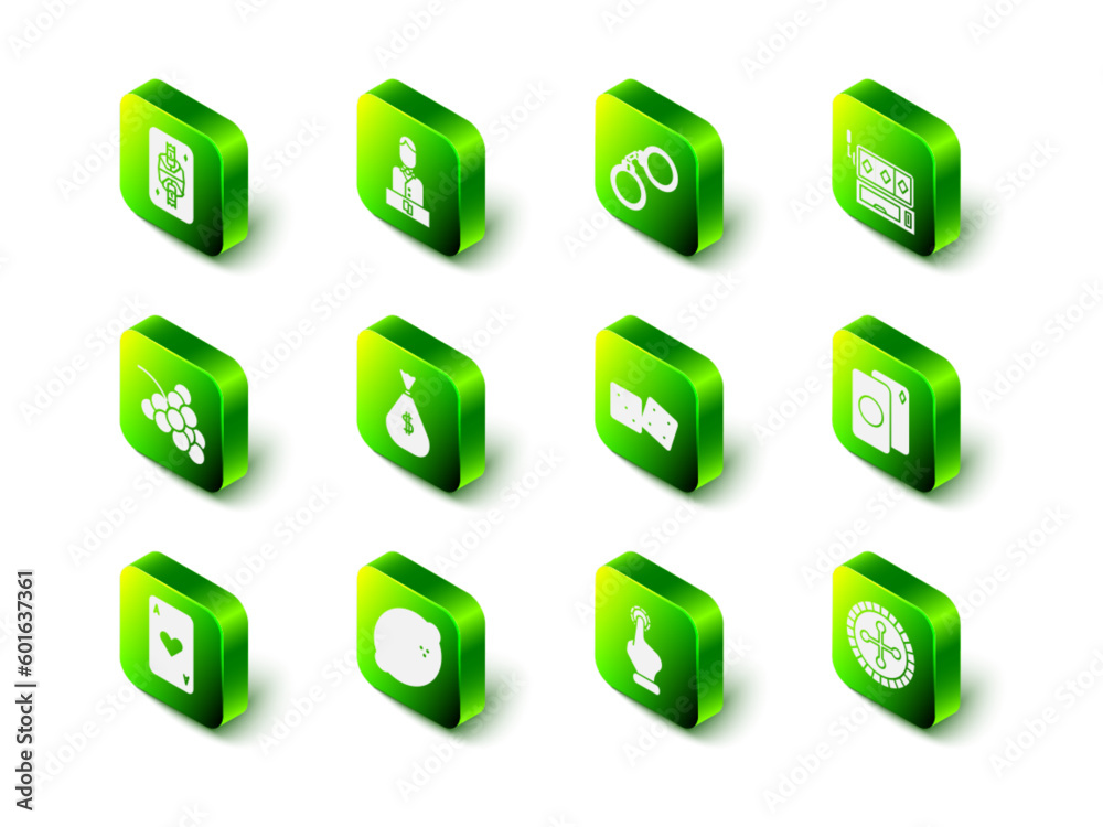Set Casino dealer, Handcuffs, Slot machine, Deck of playing cards, roulette wheel, Game dice, holding casino chips and slot with lemon icon. Vector Set Casino dealer, Handcuffs, Slot machine, Deck of playing cards, roulette wheel, Game dice, holding casino chips and slot with lemon icon. Vector