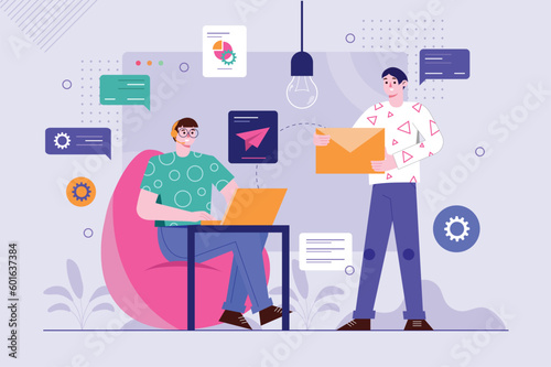 Support purple background concept with people scene in the flat cartoon design. Employees of the support service answer customer questions by phone and e-mail. Vector illustration.