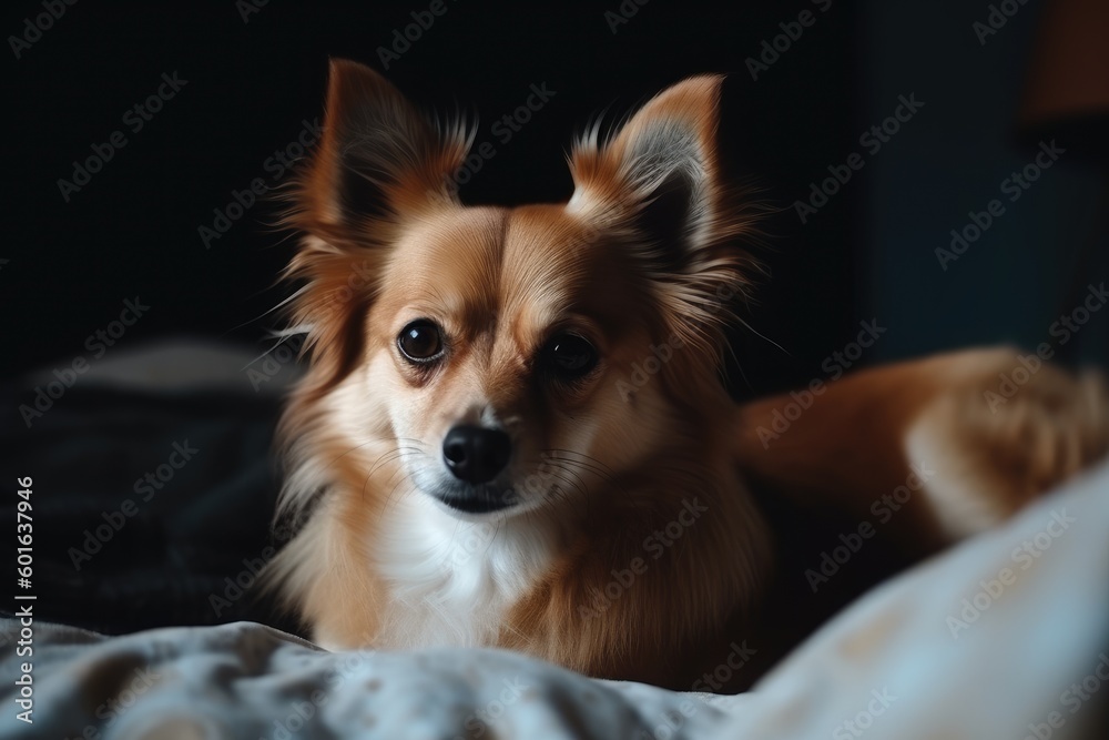 Adorable Dog Relaxing on Bed in Cozy Bedroom with Copy Space. Pet and Home Interior Concept. Generative AI illustrations.