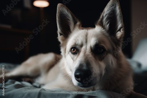 Adorable Dog Relaxing on Bed in Cozy Bedroom with Copy Space. Pet and Home Interior Concept. Generative AI illustrations.