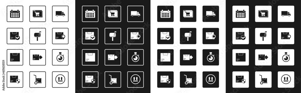 Set Delivery cargo truck vehicle, Mail box, Package with check mark, Calendar, Location cardboard, Online shopping screen, Stopwatch and Carton icon. Vector Set Delivery cargo truck vehicle, Mail box, Package with check mark, Calendar, Location cardboard, Online shopping screen, Stopwatch and Carton icon. Vector