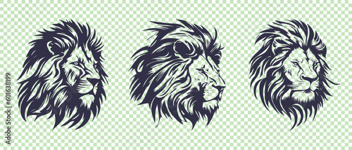 Vector set of half-turned shaggy lion heads. African wild animals. Stencils or stickers.