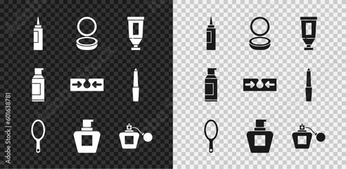 Set Cream or lotion cosmetic tube, Makeup powder with mirror, Hand, Perfume, Spray can for hairspray and Acne icon. Vector