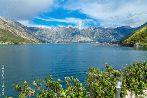 View of the Bay of Kotor, mountains on a cloudy day