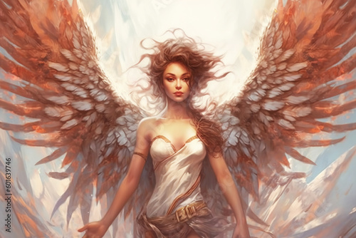 Fantasy woman in the form of a divine angel with huge wings in a magical heavenly light. Generative AI illustration. cover design.